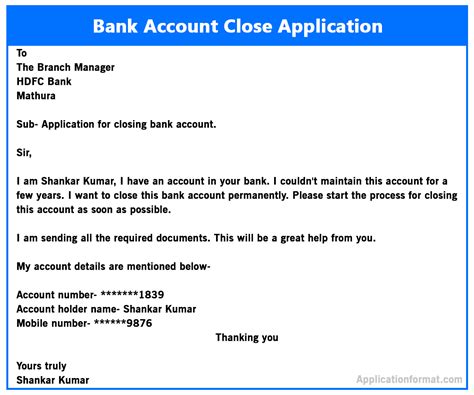 Bank Account Close Application Format