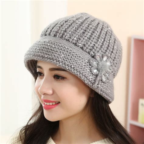 Fashion Caps For Womens Flower Knit Crochet Beanie Hat Lady Casual ...