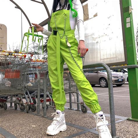 Harajuku Neon Green High Waist Pants Women Summer Streetwear Cargo