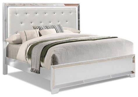 Eli Modern Wood Queen Bed Crystal Tufted Headboard Led White Faux