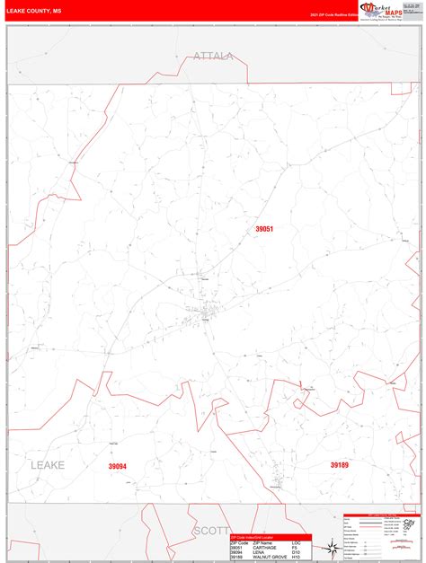Leake County Ms Zip Code Wall Map Red Line Style By Marketmaps Mapsales