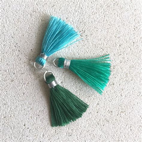 6 Green And Blue Sterling Silver Mini Tassels Green Turquoise Emerald Green Silver Binding