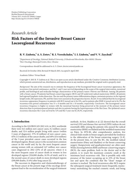 Pdf Risk Factors Of The Invasive Breast Cancer Locoregional Recurrence