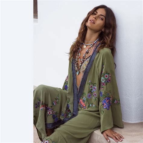 Flower Embroidery Bohemian Dresses Women Plus Size Clothes Summer Loose Sexy Cardigan Long Maxi
