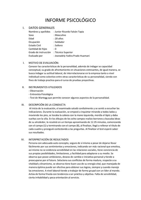 Informe Psicológico TEST Wartegg INFORME PSICOLGICO I DATOS GENERALES Nombres y apellidos