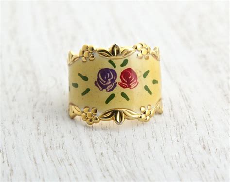 Vintage Sterling Silver Flower Ring Size 6 34 Yellow Enamel Etsy