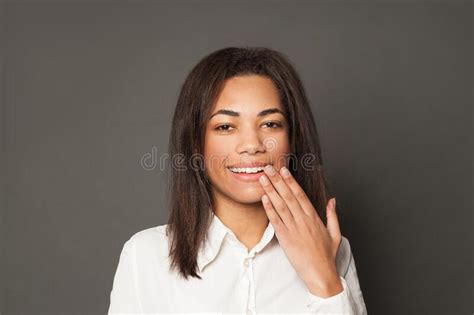 Indoor Portrait Of Happy Brunette Young Dark Woman Laughing Stock Image