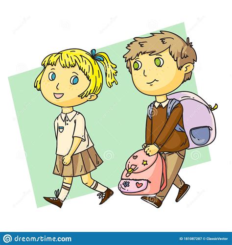 cute classmates hurry to primary school together vector flat illustration smiling pupils or