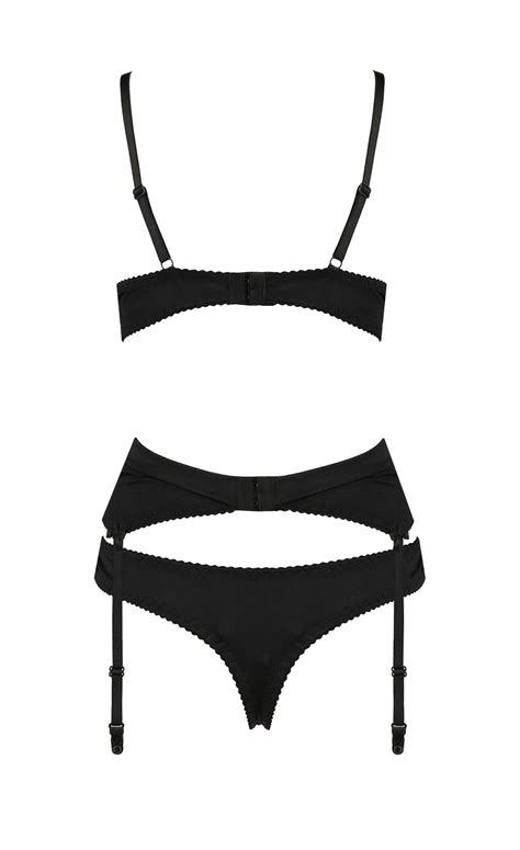 open crotch black satin bra and suspender belt set lingerie seduction