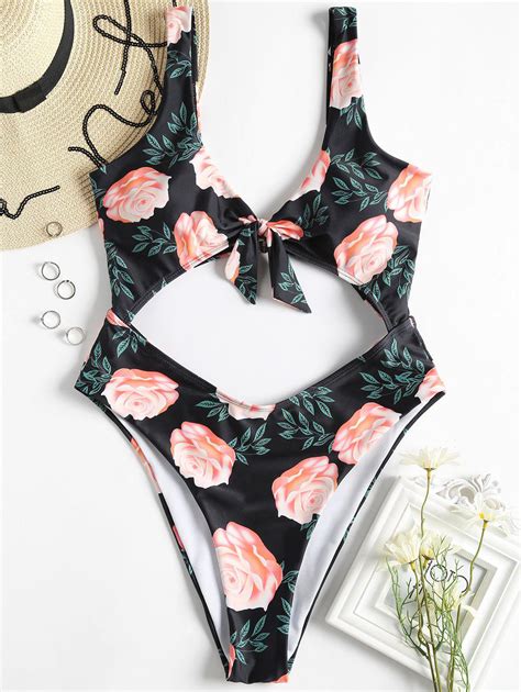 22 Off 2019 Floral Cut Out High Leg Swimsuit In Black Zaful