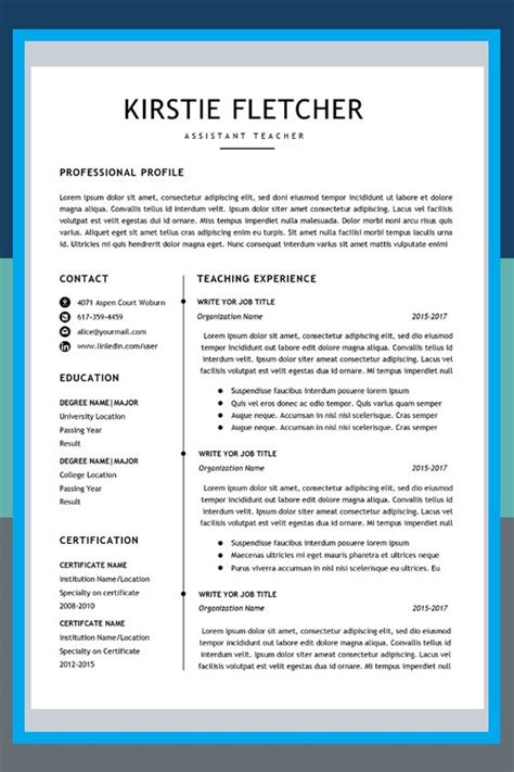 A Professional Resume Template With Blue Trimmings On The Front And