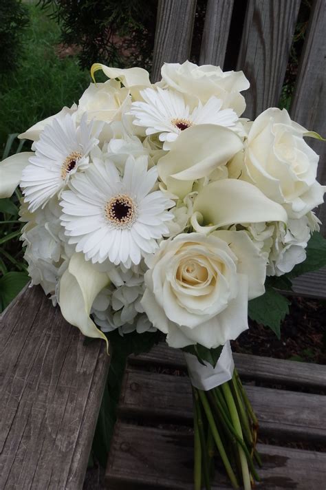 All White Hand Tied Bouquet With Roses Gerber Daisies Calla Lilies