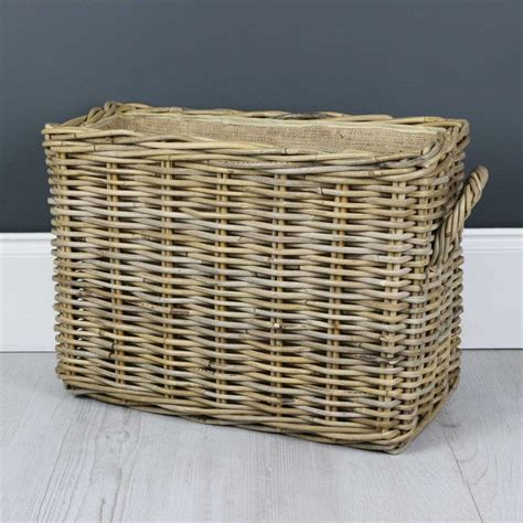 Grey And Buff Rattan Hessian Lined Wicker Basket The Basket Company