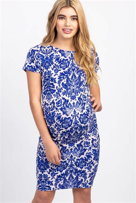 Pinkblush Blue Printed Short Sleeve Fitted Maternity Dress Fitted Maternity Dress Maternity