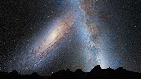 Earths Night Sky As Milky Way And Andromeda Galaxies Merge Space