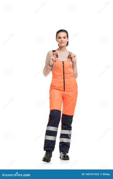 Woman In Orange Working Overalls Shot Stock Photo Image Of Woman Reflective