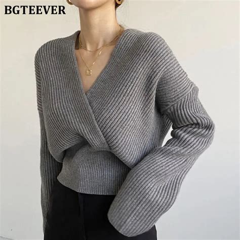bgteever stylish v neck cross criss women knitted pullovers 2020 elegant loose warm sweater