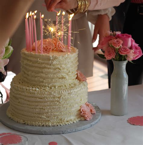 Ivory Vintage Ruffled Birthday Cake With Pink Flowers Candles And