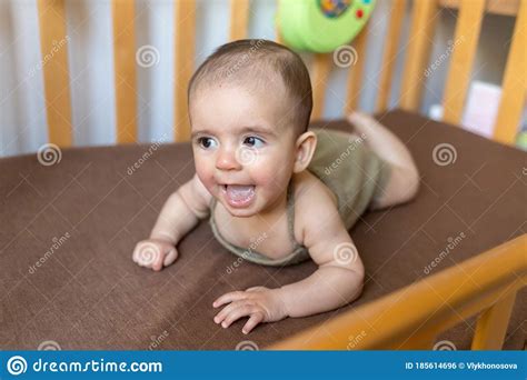 Cute Newborn Baby On A Blue Blanket Baby In His Bed Closeup Portrait