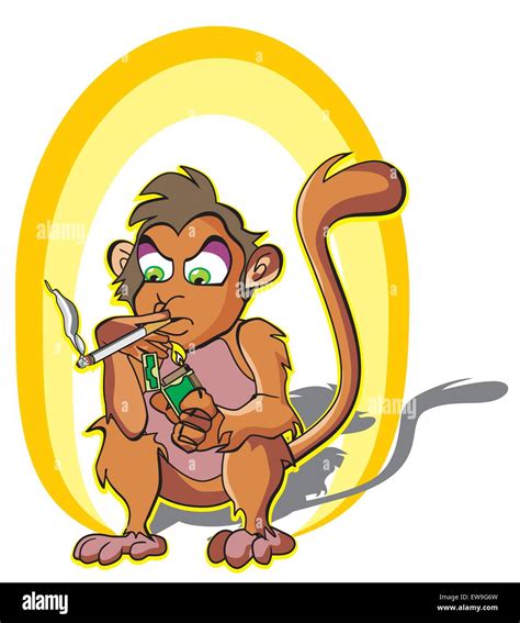 Monkey Smoking Holding A Lighter And Cigarette Stick Vector