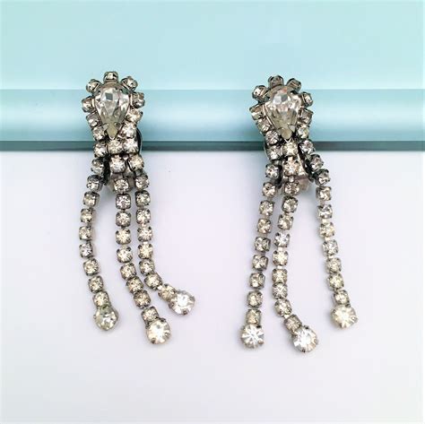 Vintage Signed Weiss Clear Rhinestone Clip On Dangle Earrings Etsy