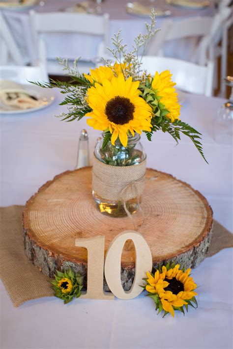 Wooden Slab Centerpiece And Table Number Sunflower Wedding