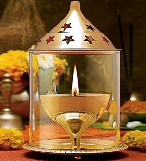 Svsonline Brass Akhand Diya With Borosilicate Glass Brass Extra Large