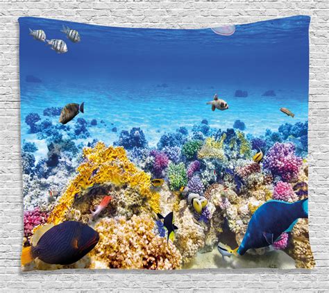 Lb moon over ocean tapestry wall hanging, butterfly wall tapestry, 3d fantasy watercolor night sky tapestry wall art for bedroom living room dorm home decor, 60 x 40 inches. Ocean Decor Tapestry, Underwater Sea World Scene with Goldfish Starfish Jellyfish Depth Diving ...