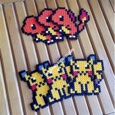 Three Pikachu And Three Charmander Fuse Beads Work Photo Free Perler