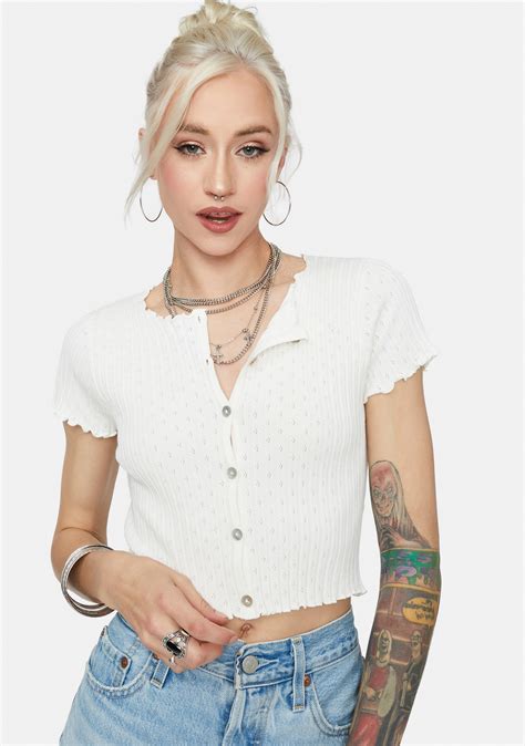 Eyelet Short Sleeve Button Up Crop Top White Dolls Kill