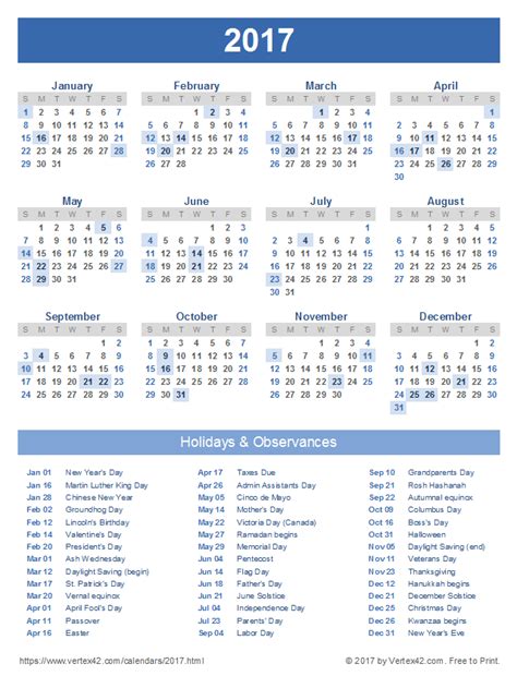 2017 Calendar With Holidays Printable