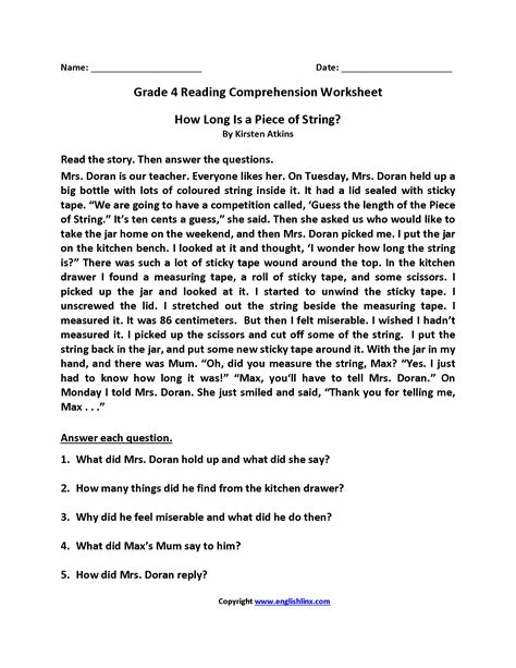 Reading Comprehension Worksheets For Grade 4 Thekidsworksheet