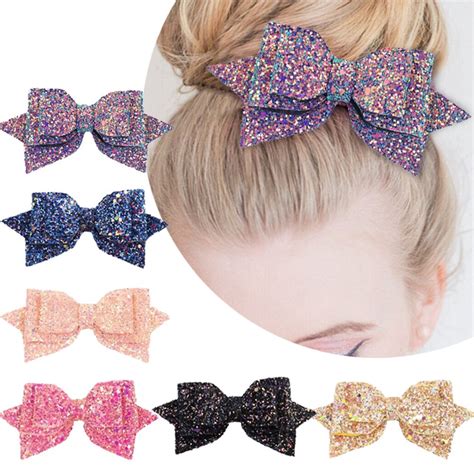 5 inch glitter hair bows boutique hair clips 6 pcs multi color glitter sequins big