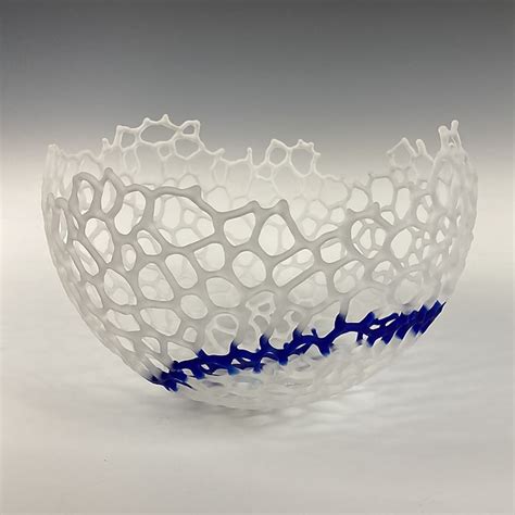 Frosted Basket With Narrow Blue Band By Bandhu Scott Dunham Art Glass