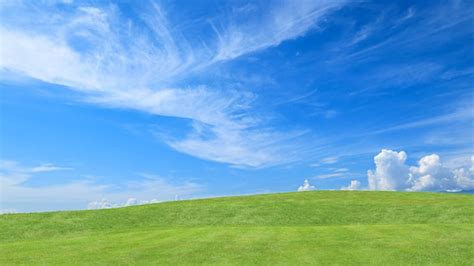 Premium Photo Green Grass Field On Small Hills And Blue Sky With Clouds