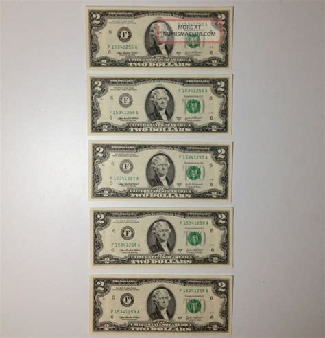 Dollar Bills Five Uncirculated Bill Note Sequential Order