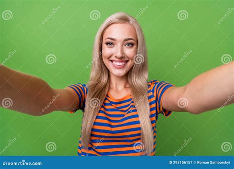 Self Portrait Of Nice Young Beautiful Girlfriend Wear Striped T Shirt Holding Camera Recording