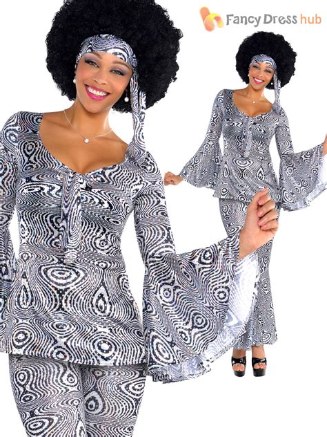 Ladies 1970s Sequinned Disco Dancing Top Flares Fancy Dress Costume Womens Ebay