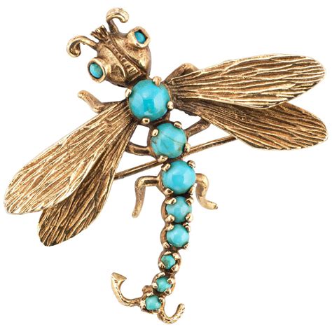 Dragonfly Turquoise Brooch Vintage 14 Karat Gold Estate Fine Jewelry