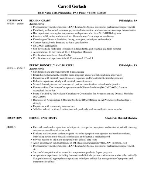 Acupuncturist Resume Samples Velvet Jobs