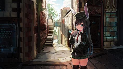 Animal Ears Black Hair Building Bunny Ears Bunnygirl Drink Green Eyes