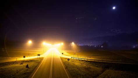 Lights On The Highway At Night Landscape Image Free Stock Photo