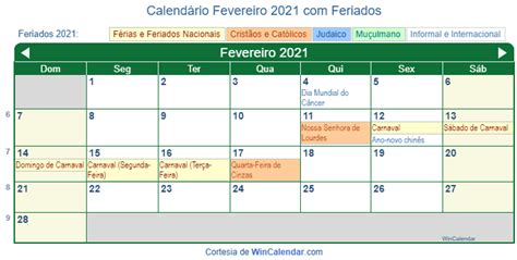 Calendário De Fevereiro De 2021 Para Impressão Brasil