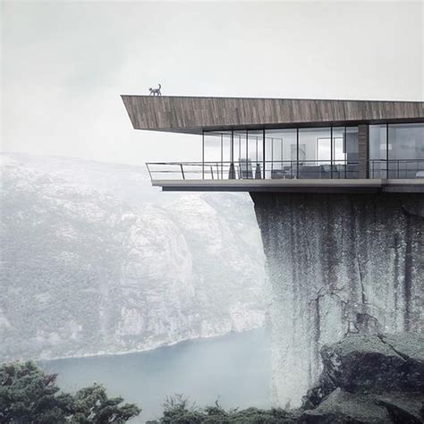 Grey Contemporary Concrete And Glass Home On A Cliff In Fog Cantilever Architecture