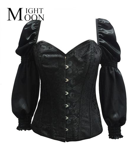 Moonight Sexy Korsett Steampunk Clothing Black Jacquard Overbust Gothic Corset With Puff Long