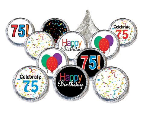 Happy 75th Birthday Party Sticker Decorations For Hershey Kisses Set