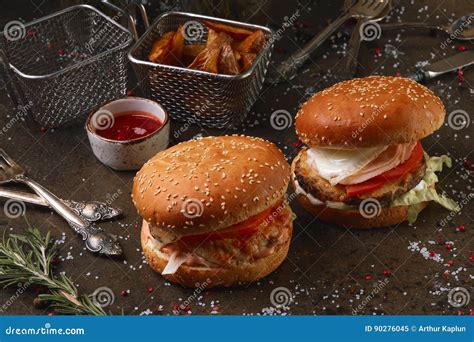 Two Burgers With French Fries And Ketchup Stock Image Image Of Food
