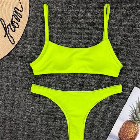 Sexy Neon Green Bikini Push Up Swimsuit Solid Bikiny Set Women 2019