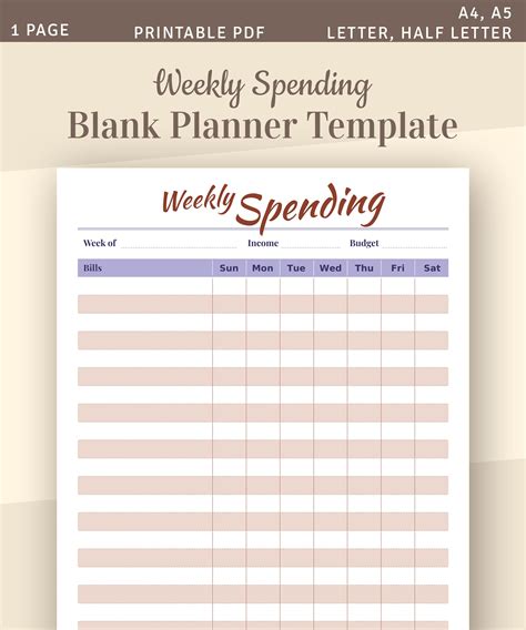 Weekly Spending Template Personal Budget Planner Blank Etsy