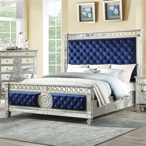 Bedroom Furniture Blue Velvet Mirrored Crystal Like Button Eastern King